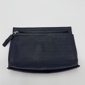 loewe Embossed Navy Leather Zip Pouch